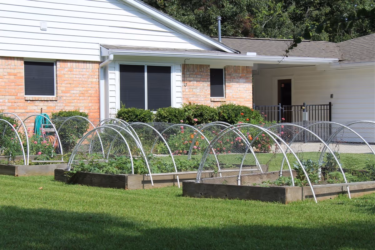 Raised garden beds with protective wire arches in a grassy yard outside a brick and white siding building with windows and a door.