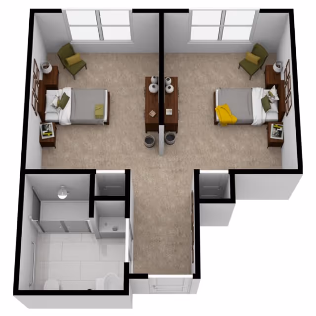 3D floor plan of a senior living unit with two bedrooms, each furnished with a bed, nightstand, chair, and dresser. The unit includes a shared bathroom with a shower, toilet, and sink. The bedrooms are carpeted and have large windows.