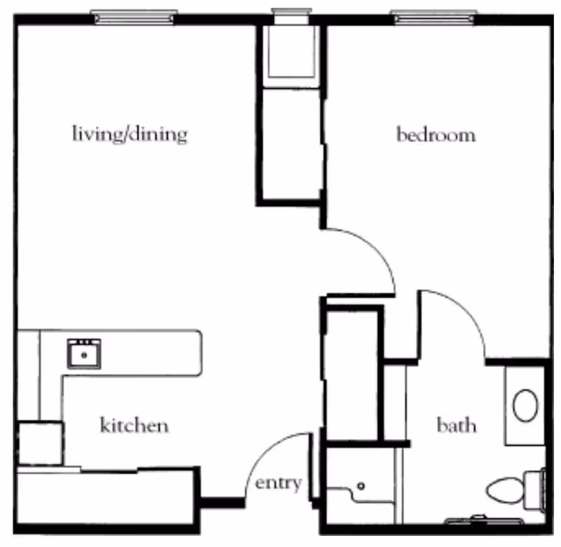 Floor plan of a one-bedroom apartment at Buckhead Flats showing a living/dining area, kitchen, bedroom, bathroom, and entryway.