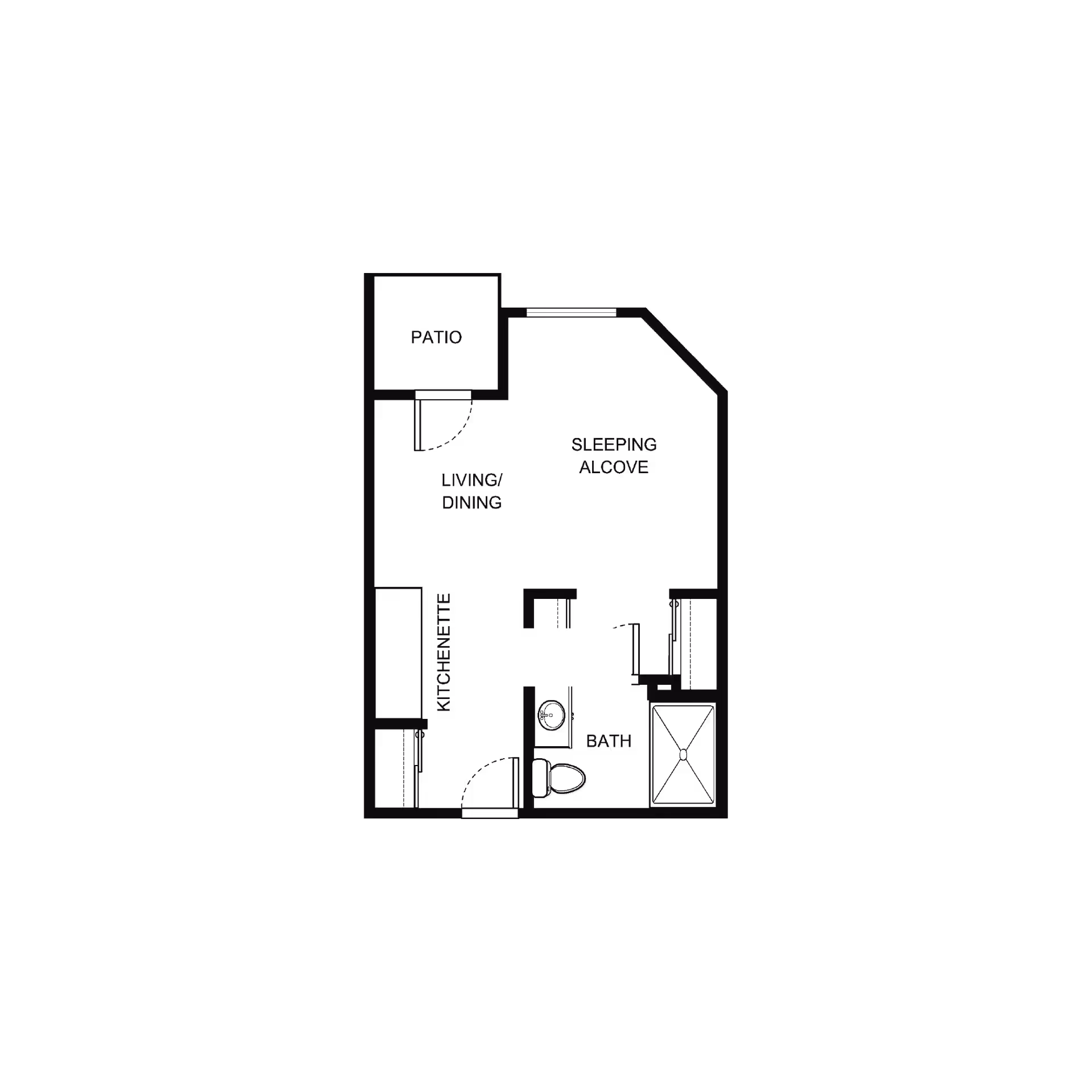 Architectural floor plan of a living space at Windward Palms showing a patio, living/dining area, kitchen, bathroom, and sleeping alcove.