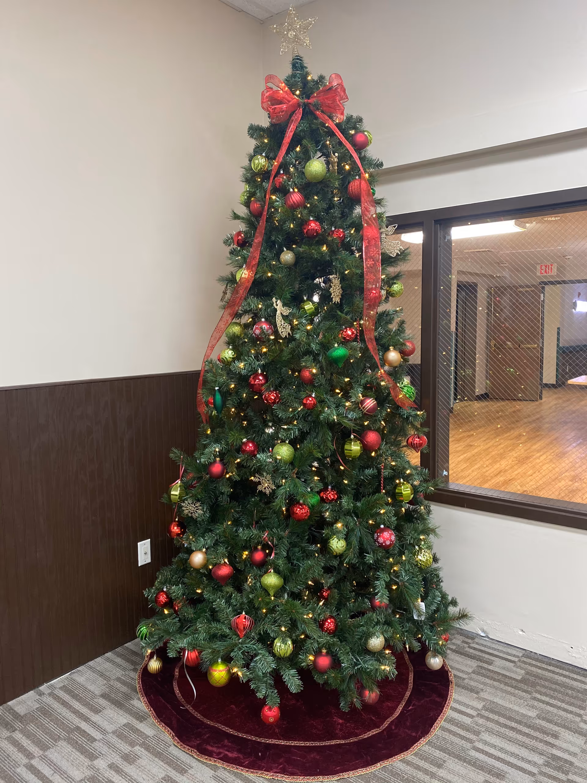 A decorated Christmas tree with red and green ornaments, gold accents, and a large red ribbon bow at the top, standing on a red tree skirt in a corner of a room with beige walls and a window showing a hallway with wooden flooring.