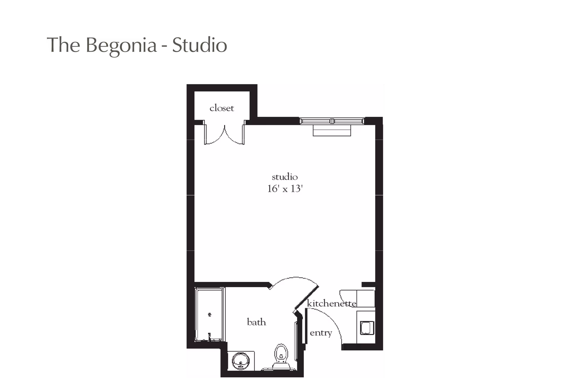 Floor plan of The Begonia studio apartment showing a 16 by 13 feet studio area, a closet, a bath with a toilet and sink, a kitchenette, and an entry door.