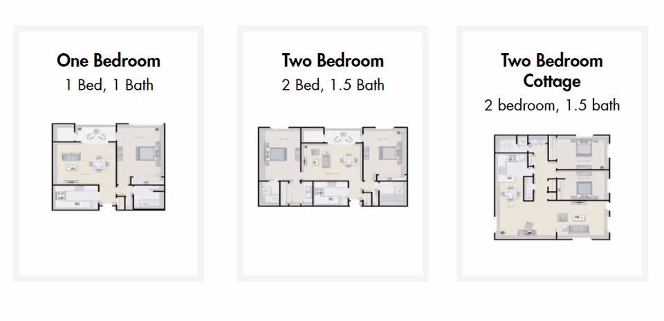 Three labeled apartment floor plan panels showing One Bedroom, Two Bedroom, and Two Bedroom Cottage layouts.
