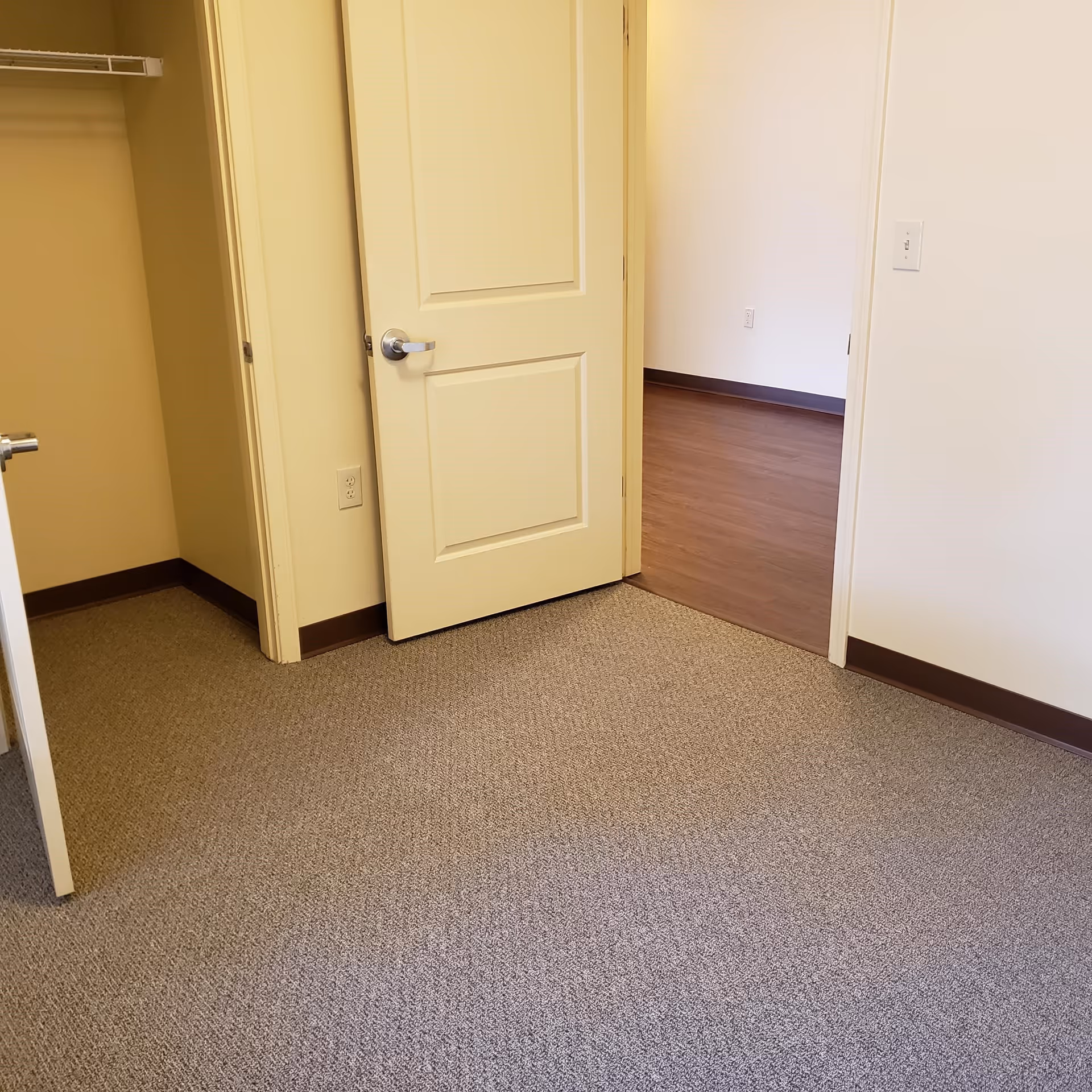 Empty room with beige carpet, an open door leading to another room with wooden flooring, and a closet with a white wire shelf.