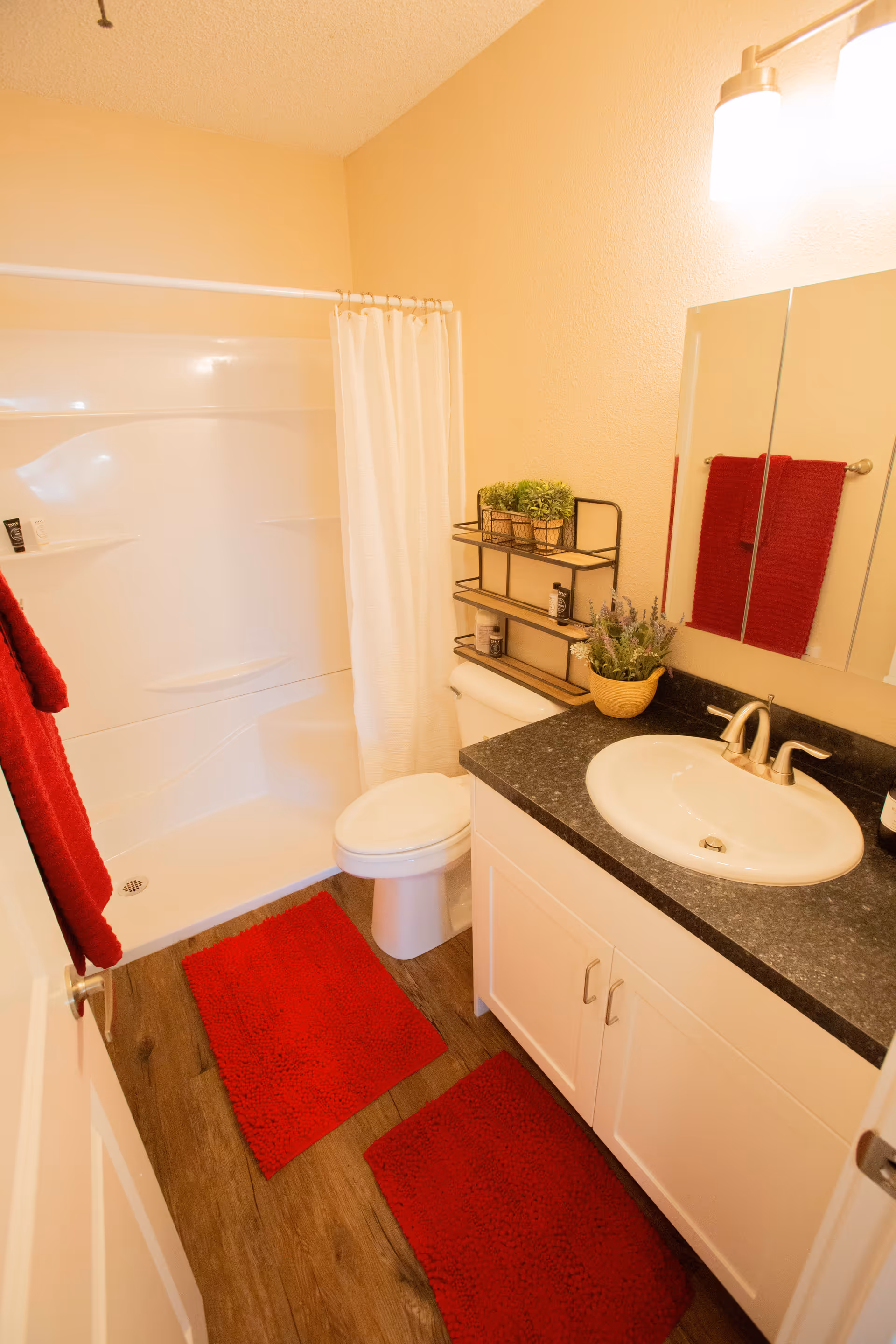 A clean bathroom with a white shower and curtain, a toilet, a black countertop with a white sink, a mirror above the sink, red towels hanging on the wall, and two red bath mats on the wooden floor. There are small potted plants on a shelf above the toilet and on the countertop.