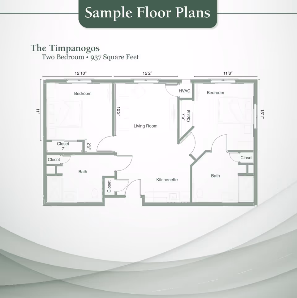 Floor plan titled 'The Timpanogos' showing a two-bedroom apartment layout with 937 square feet. The layout includes two bedrooms, two bathrooms, a living room, a kitchenette, HVAC, and multiple closets. Dimensions for rooms and closets are marked.
