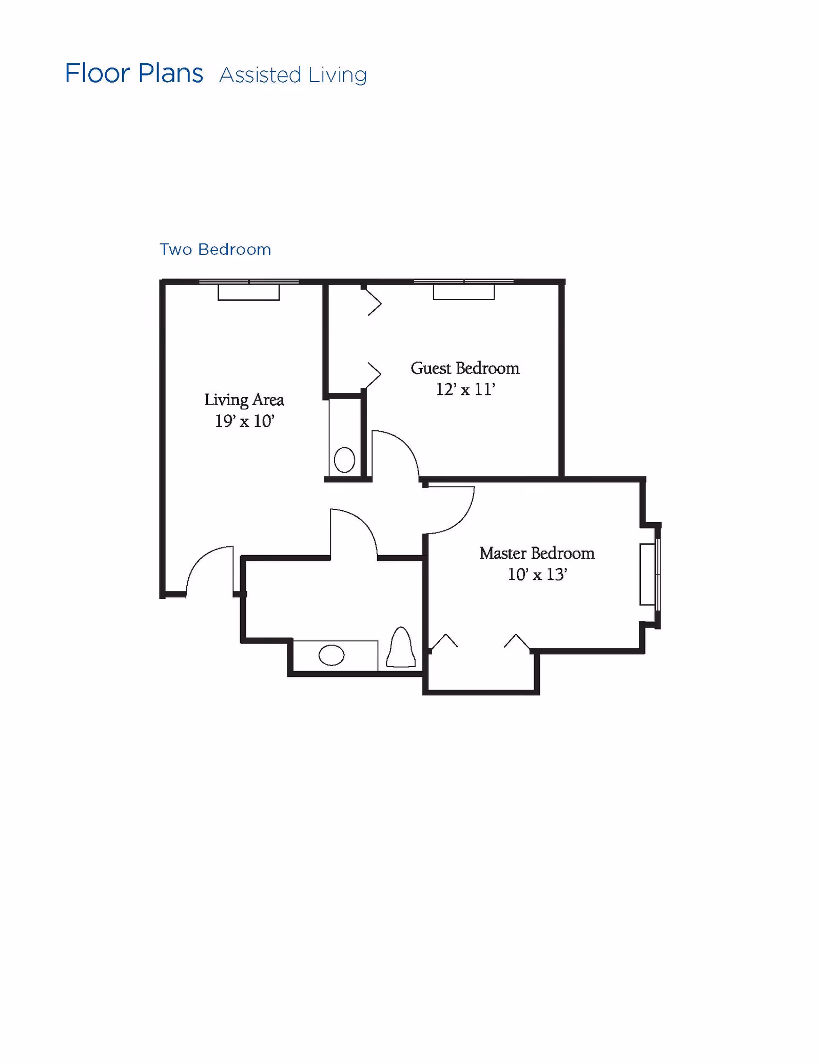 Floor plan of an assisted living two-bedroom unit showing a living area measuring 19 by 10 feet, a guest bedroom measuring 12 by 11 feet, and a master bedroom measuring 10 by 13 feet, along with bathroom and hallway layouts.
