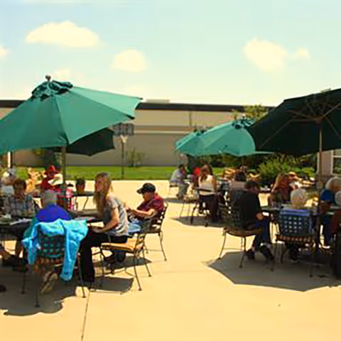 Several people sitting at outdoor tables with large green umbrellas on a sunny day, enjoying a social gathering in a courtyard area with a building wall in the background.