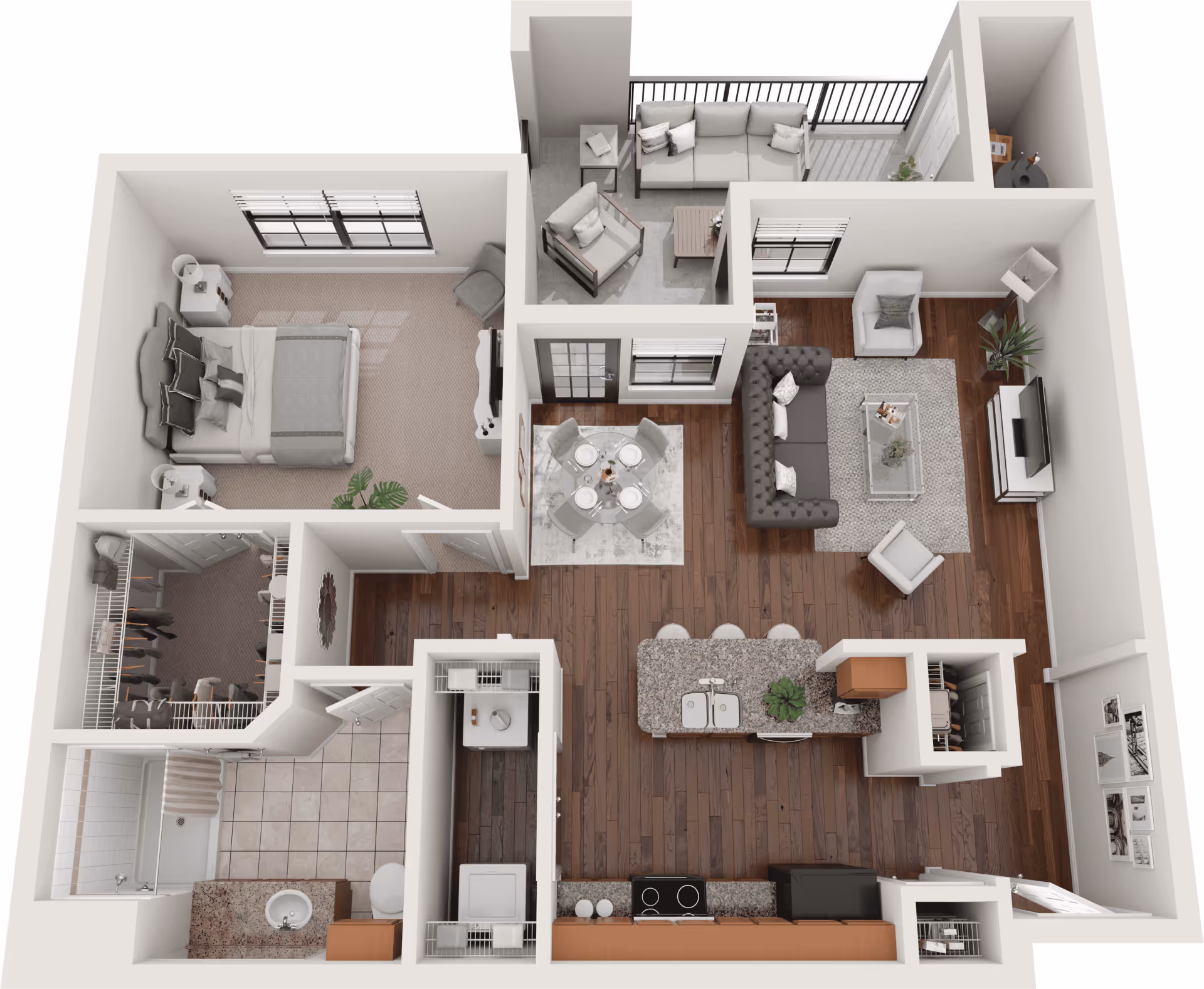 3D floor plan of an apartment featuring a bedroom with a bed and nightstands, a walk-in closet, a bathroom with a shower, a kitchen with an island and bar stools, a dining area with a round table and four chairs, a living room with a sofa, armchairs, a coffee table, and a TV, and a balcony with outdoor seating.