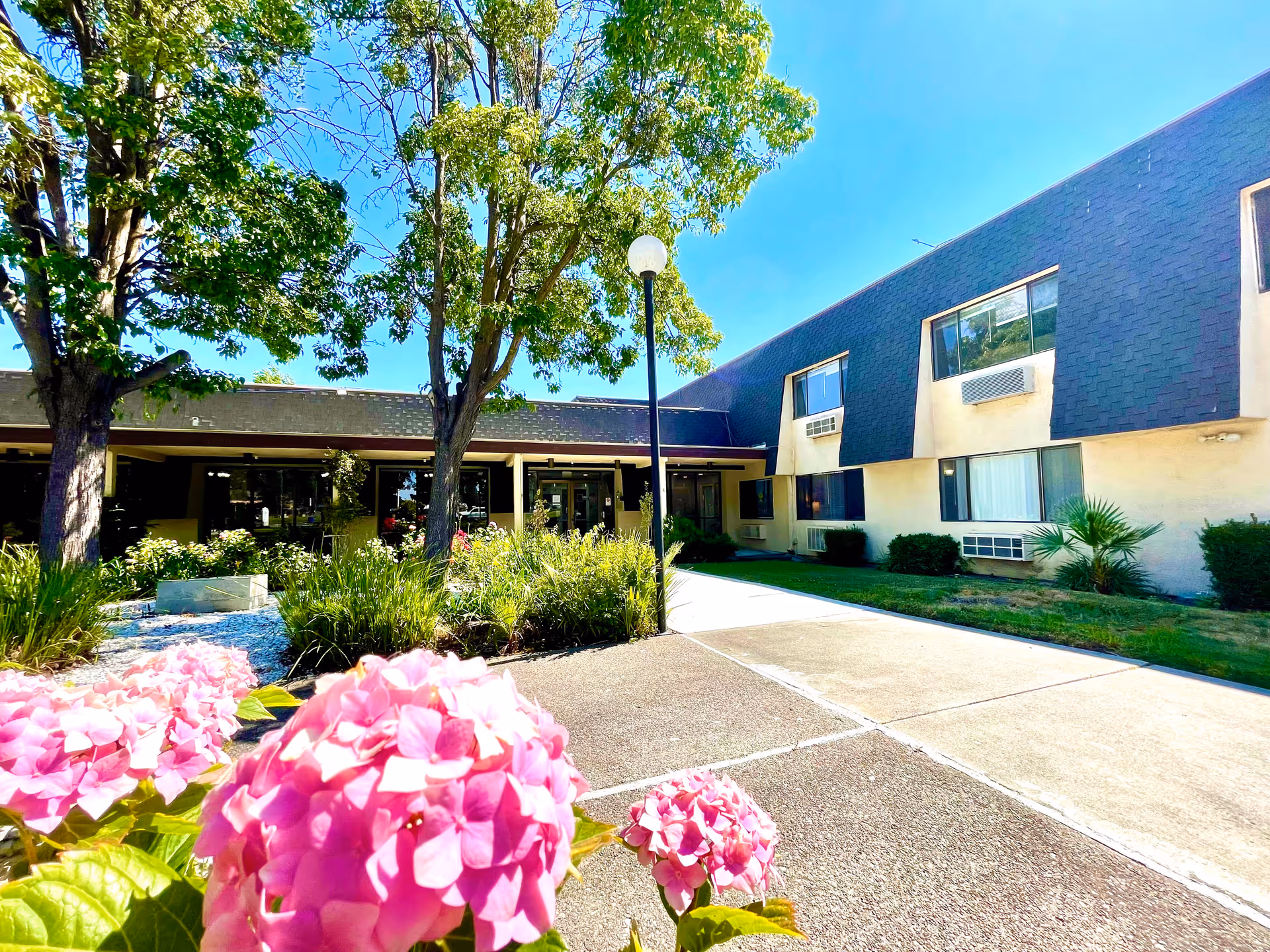Exterior view of Parkrose Gardens of Fairfield showing a two-story building with several windows and air conditioning units. The foreground features a concrete pathway, green shrubs, trees, and blooming pink flowers under a clear blue sky.