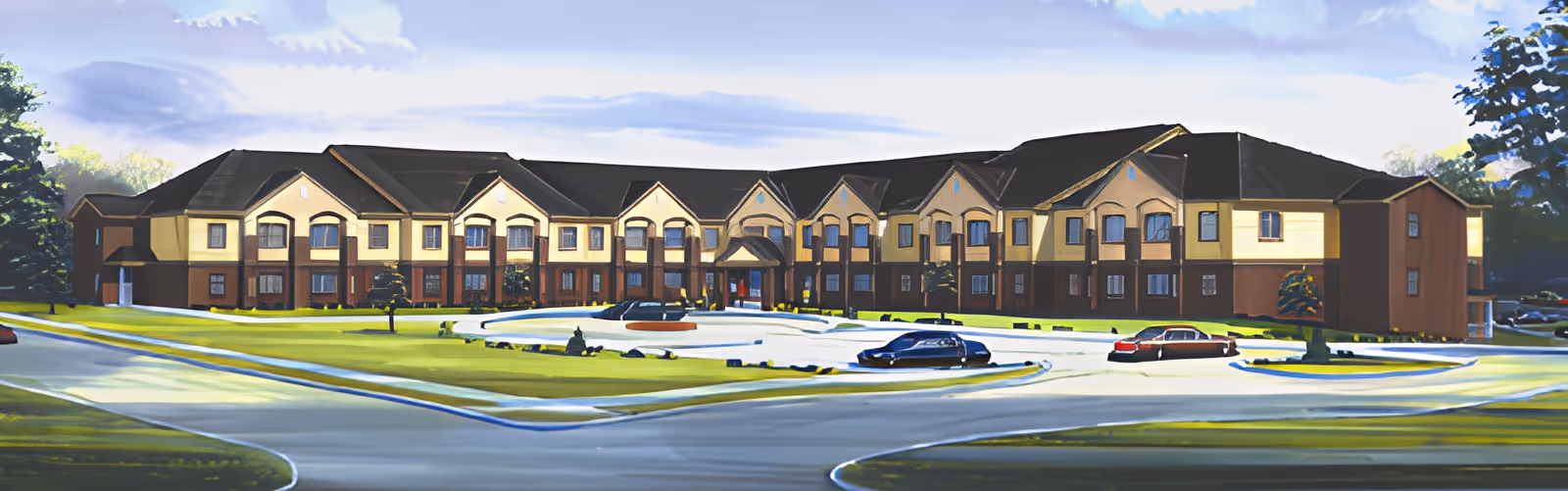 Front exterior of a two-story senior living building with a landscaped circular driveway and parked cars.