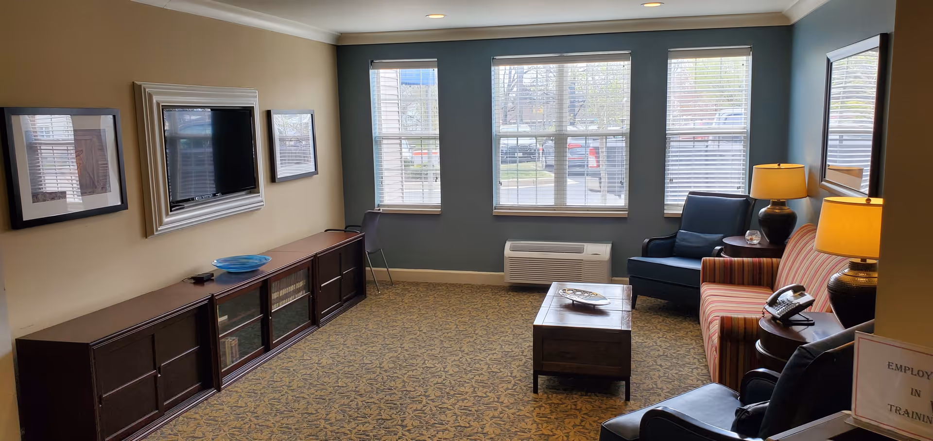 A cozy living room with a patterned carpet, a striped sofa, two armchairs, a wooden coffee table, and a long wooden TV stand with a mounted flat-screen TV. The room has three large windows with blinds, two table lamps, framed pictures on the walls, and a sign on a small table that reads 'EMPLOYEES IN TRAINING'.