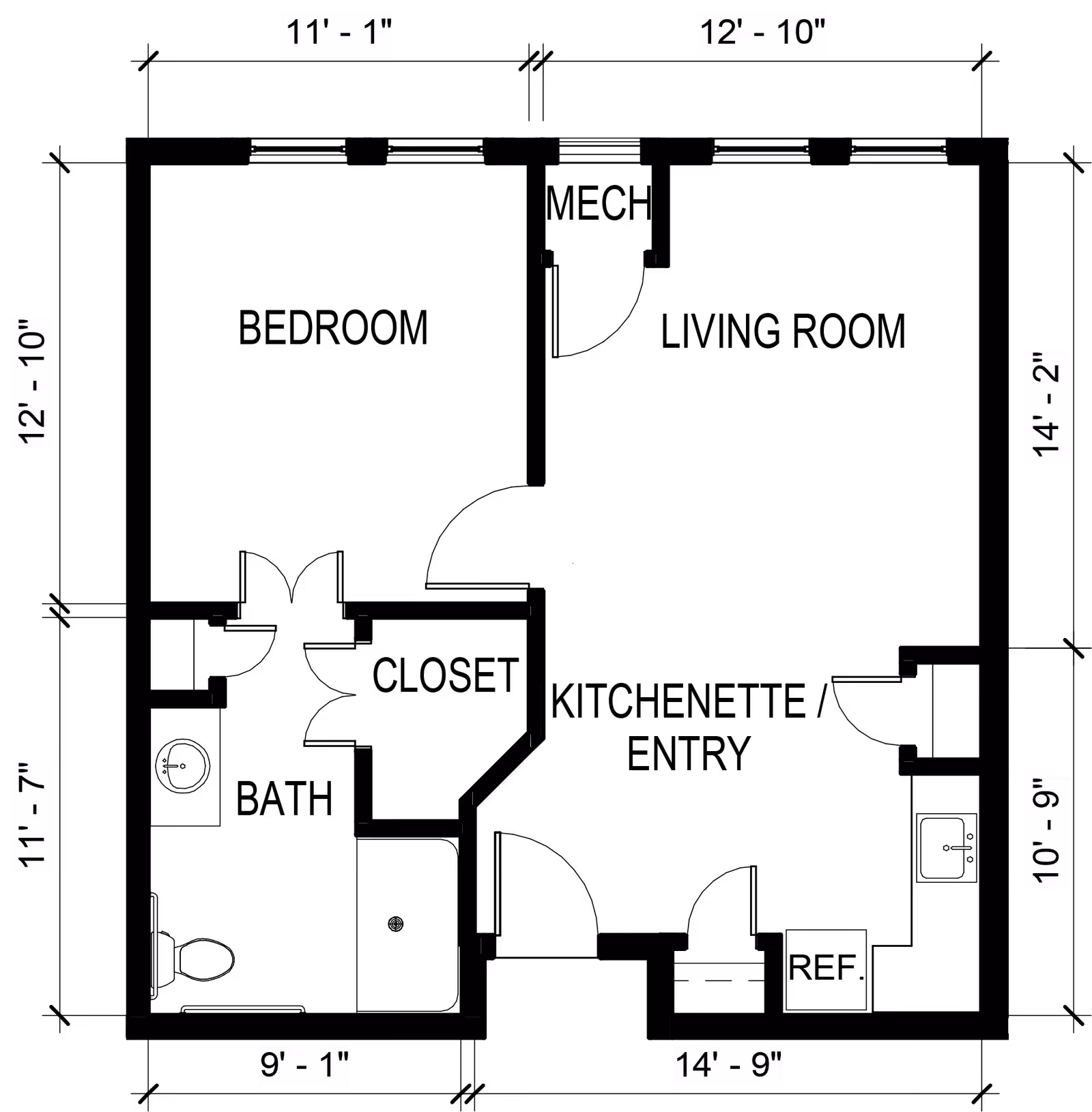 Black diagram showing only room dimension labels around the edges (e.g., 11' - 1", 12' - 10", 14' - 2").