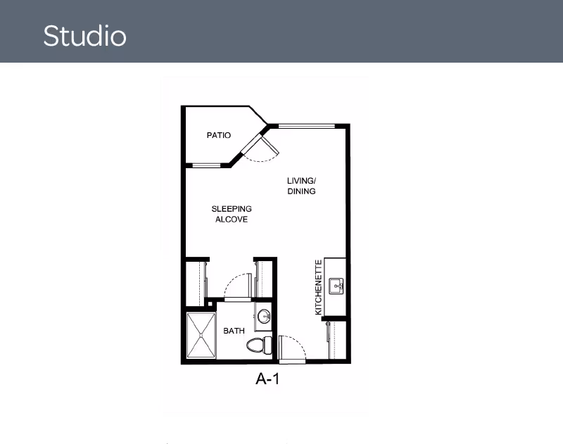 Floor plan of a studio apartment at Sierra Hills - A Provincial Senior Living Community, showing a patio, living/dining area, sleeping alcove, kitchenette, and bathroom.