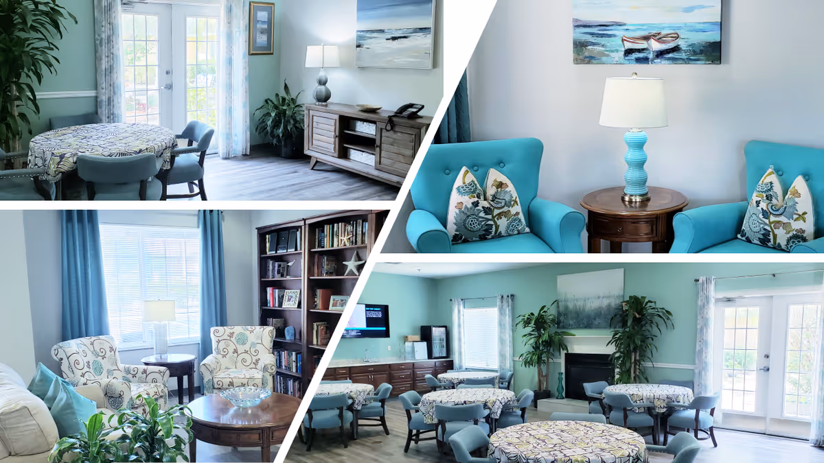 Collage of interior views of a senior living facility showing a dining area with round tables and chairs, a cozy sitting area with two turquoise armchairs and a lamp on a round wooden table, and a living room with armchairs, a bookshelf, and a coffee table. The rooms are decorated with plants, paintings, and light-colored curtains.