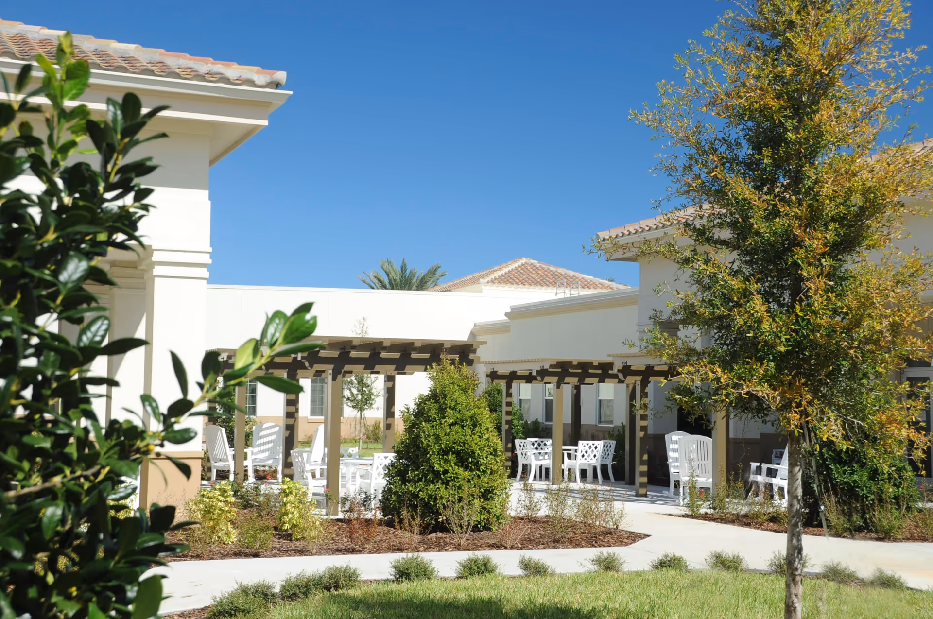 Outdoor patio area at Silver Creek facility with white chairs and tables under wooden pergolas, surrounded by greenery and trees, with beige buildings and a clear blue sky in the background.