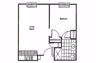 Black and white architectural floor plan of a small apartment unit showing a living room, bedroom, bathroom, and kitchen area with labeled rooms and fixtures.