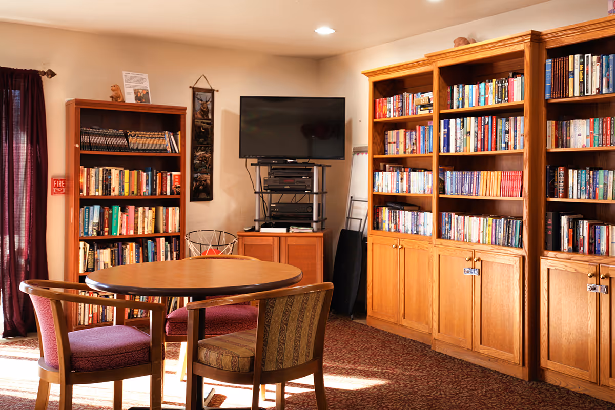 A cozy room with wooden bookshelves filled with books, a round wooden table surrounded by four chairs with different upholstery, a flat-screen TV mounted on a stand, and a window with dark curtains letting in sunlight.