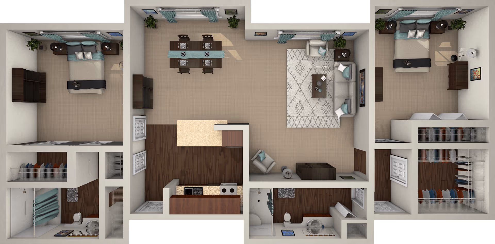 Top-down view of a senior living apartment floor plan featuring two bedrooms, a living room with sofa and armchair, a dining area with a table set for four, a kitchen with appliances, and two bathrooms with showers and toilets.