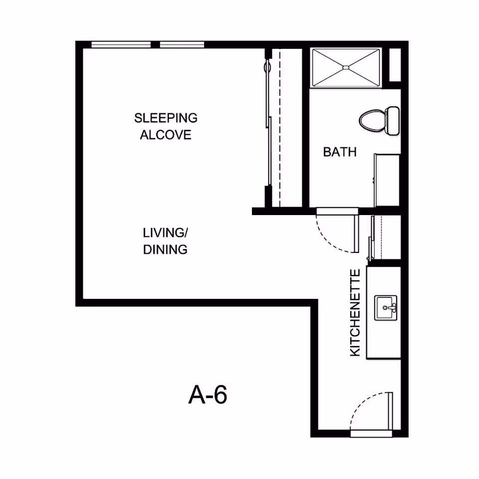 Floor plan labeled A-6 showing a layout with a sleeping alcove, living/dining area, kitchenette, and a bathroom with a shower, toilet, and sink.
