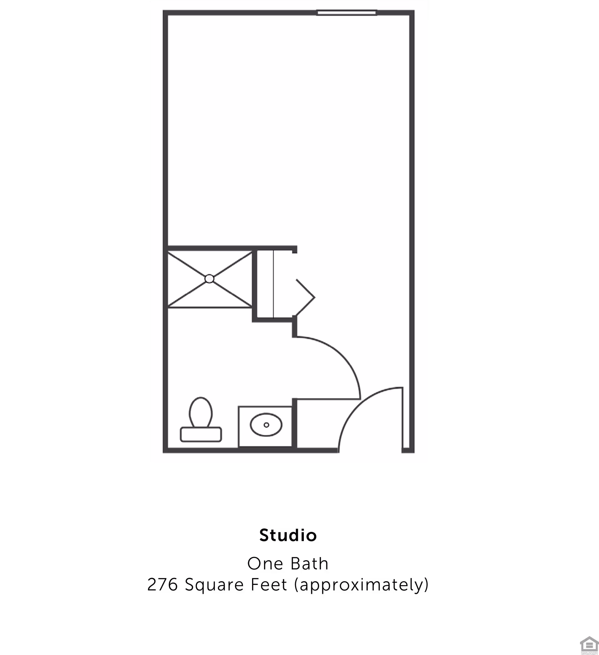 Architectural floor plan of a small room with an attached bathroom including a shower, toilet, and sink.