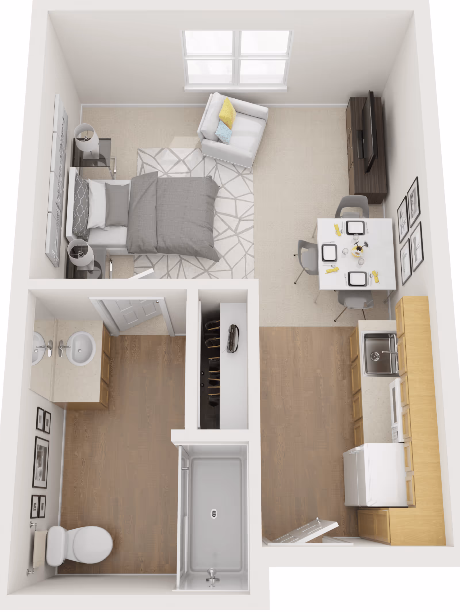 Rendered top-down studio apartment floor plan showing a combined bedroom/living area with a bed and chair, a dining table and TV, a kitchenette, and a separate bathroom.