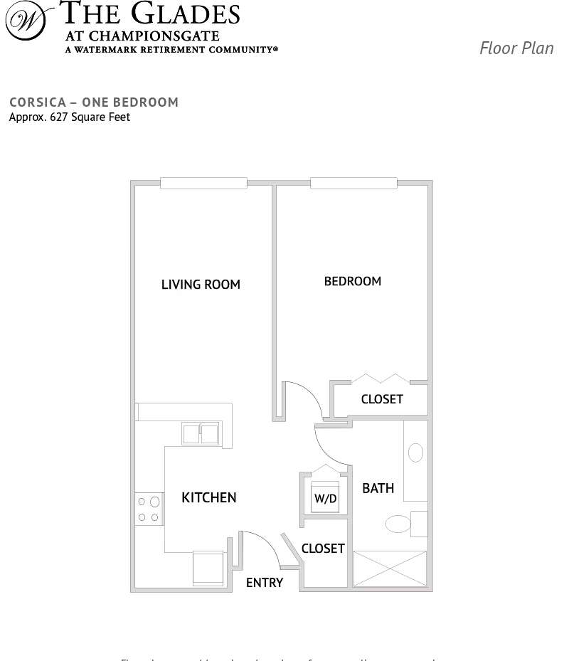 White one-bedroom floor plan drawing labeled 'Corsica - One Bedroom' on a black background.