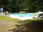 Outdoor pool area with lounge chairs and surrounding trees.