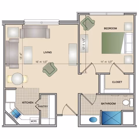 Floor plan of a senior living apartment at Rutland Place Senior Living showing a living room with sofa and chairs, a kitchen with pantry and microwave, a bedroom with a bed and closet, and a bathroom with a shower, toilet, and sink.