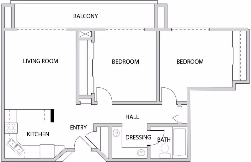 Architectural floor plan of a retirement residence unit showing two bedrooms, a living room, kitchen, entry, hall, dressing area, bathroom, and a balcony.