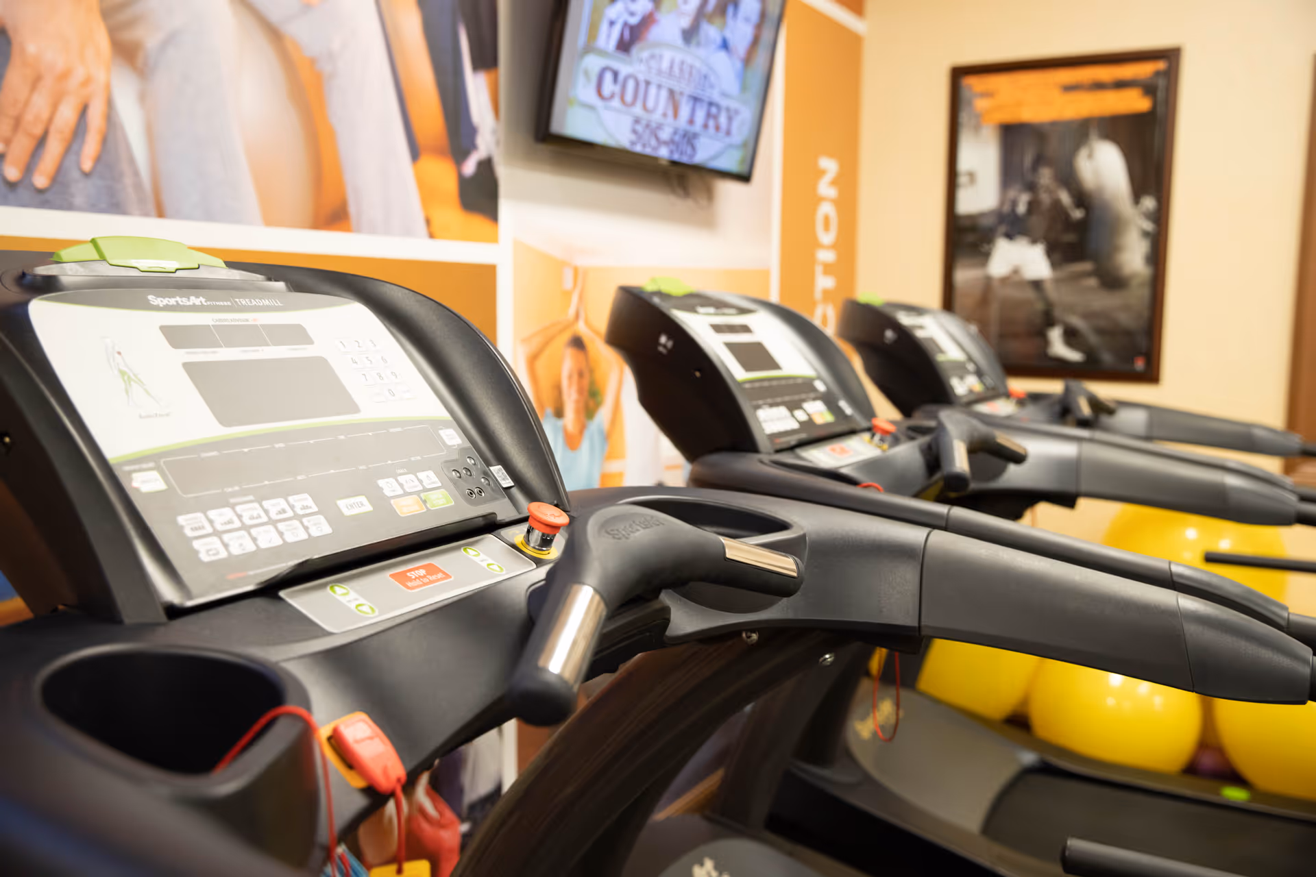 Close-up view of several treadmills in a fitness room with exercise balls in the background and a television mounted on the wall.