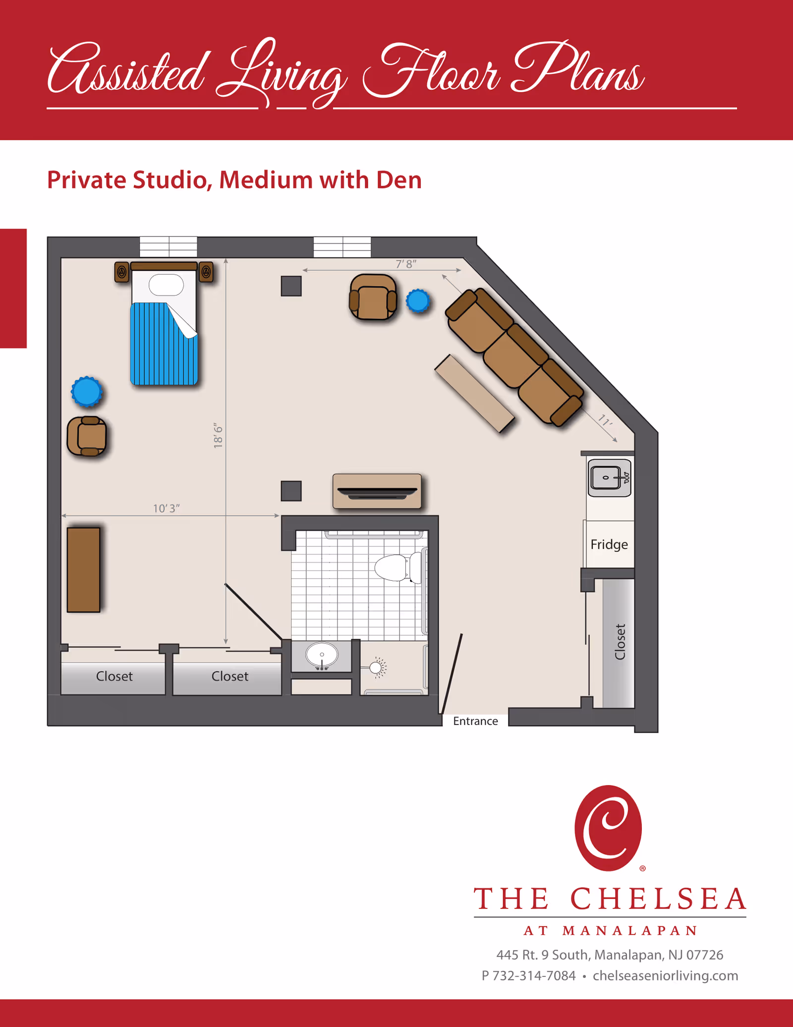 Assisted living floor plan titled 'Private Studio, Medium with Den' showing a bed area, living area with sofa, kitchenette, bathroom, closets, and entrance.