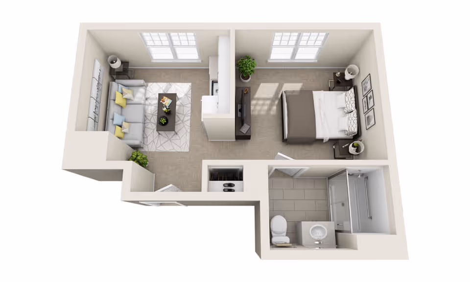3D floor plan of a small apartment unit showing a living room with a sofa, coffee table, and lamp; a bedroom with a bed, nightstands, and a TV; and a bathroom with a toilet, sink, and shower.
