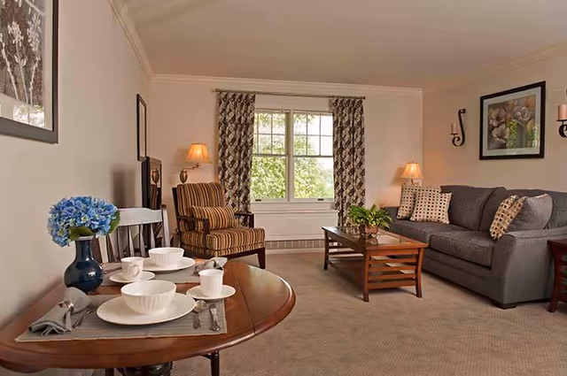 Living room with a gray sofa, striped armchair, coffee table, and a small dining table set near a window with patterned curtains.