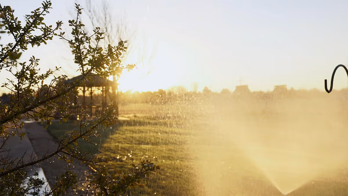 A garden area at sunset with a sprinkler watering the grass and a gazebo in the background. The sunlight creates a warm glow through the water droplets.