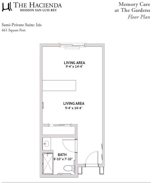Black-and-white floor plan for a semi-private memory care suite showing a living area and a bathroom with shower, sink, and toilet.