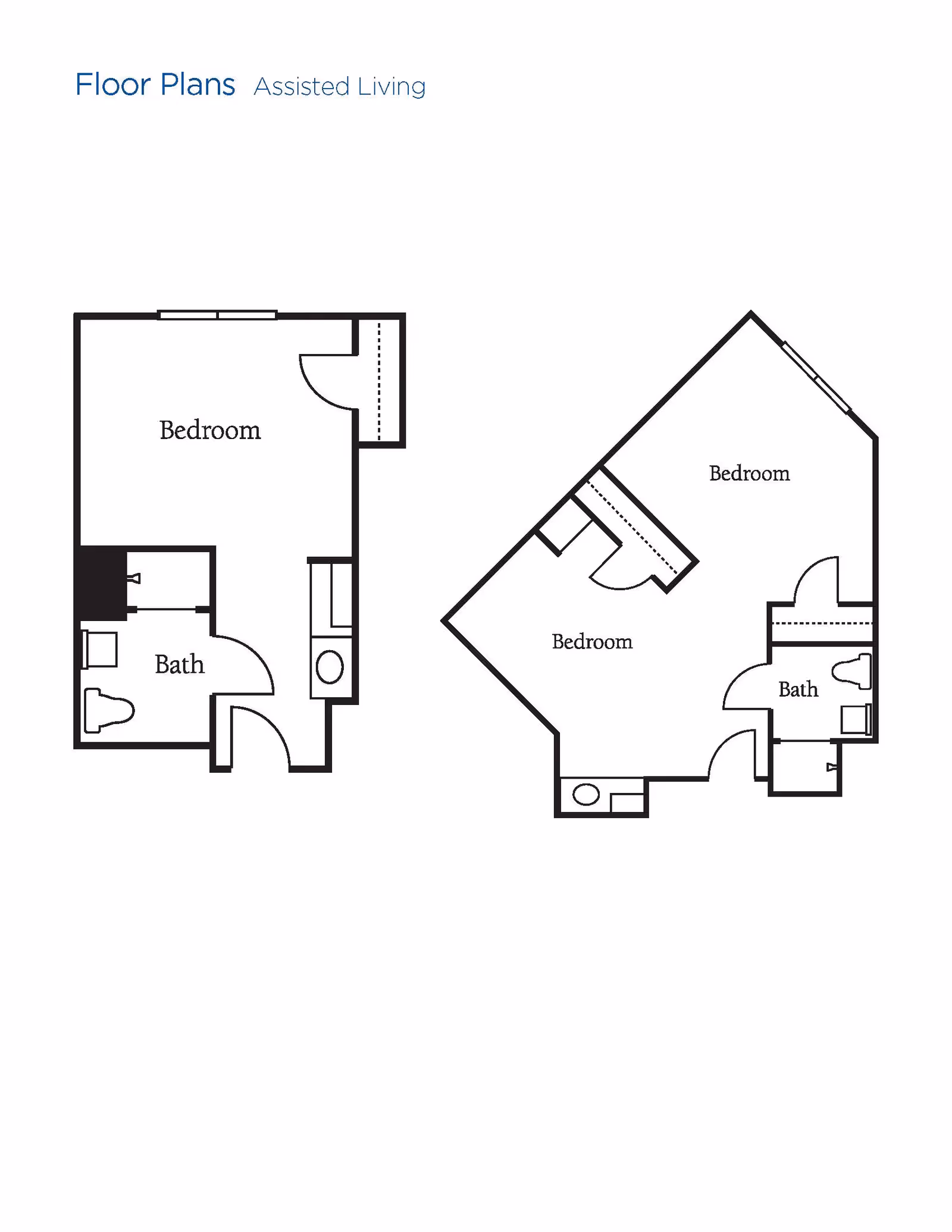 Floor plans for assisted living units showing layouts with bedrooms and bathrooms. The left plan features one bedroom and one bathroom, while the right plan includes two bedrooms and one bathroom.