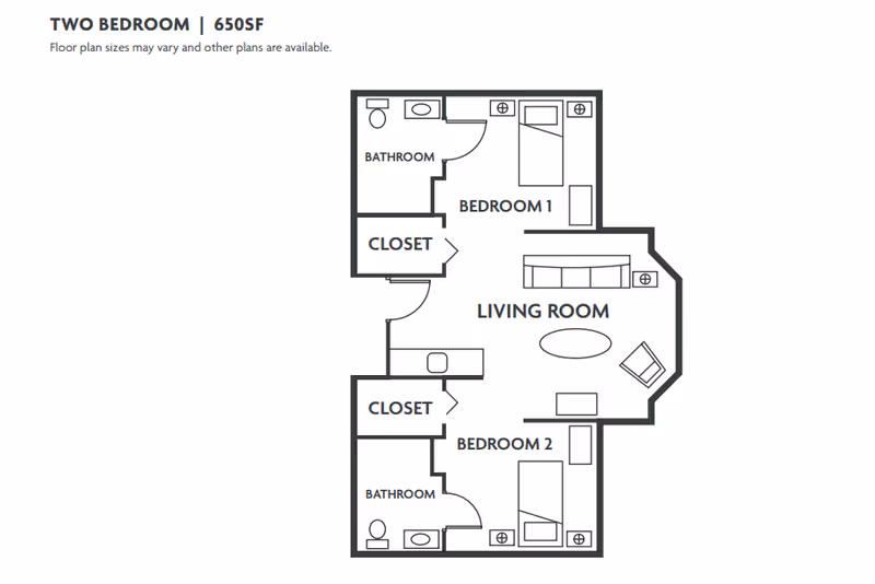Floor plan of a two-bedroom apartment with 650 square feet. It includes two bedrooms, each with a closet and an attached bathroom, and a central living room furnished with a sofa, chair, and table.