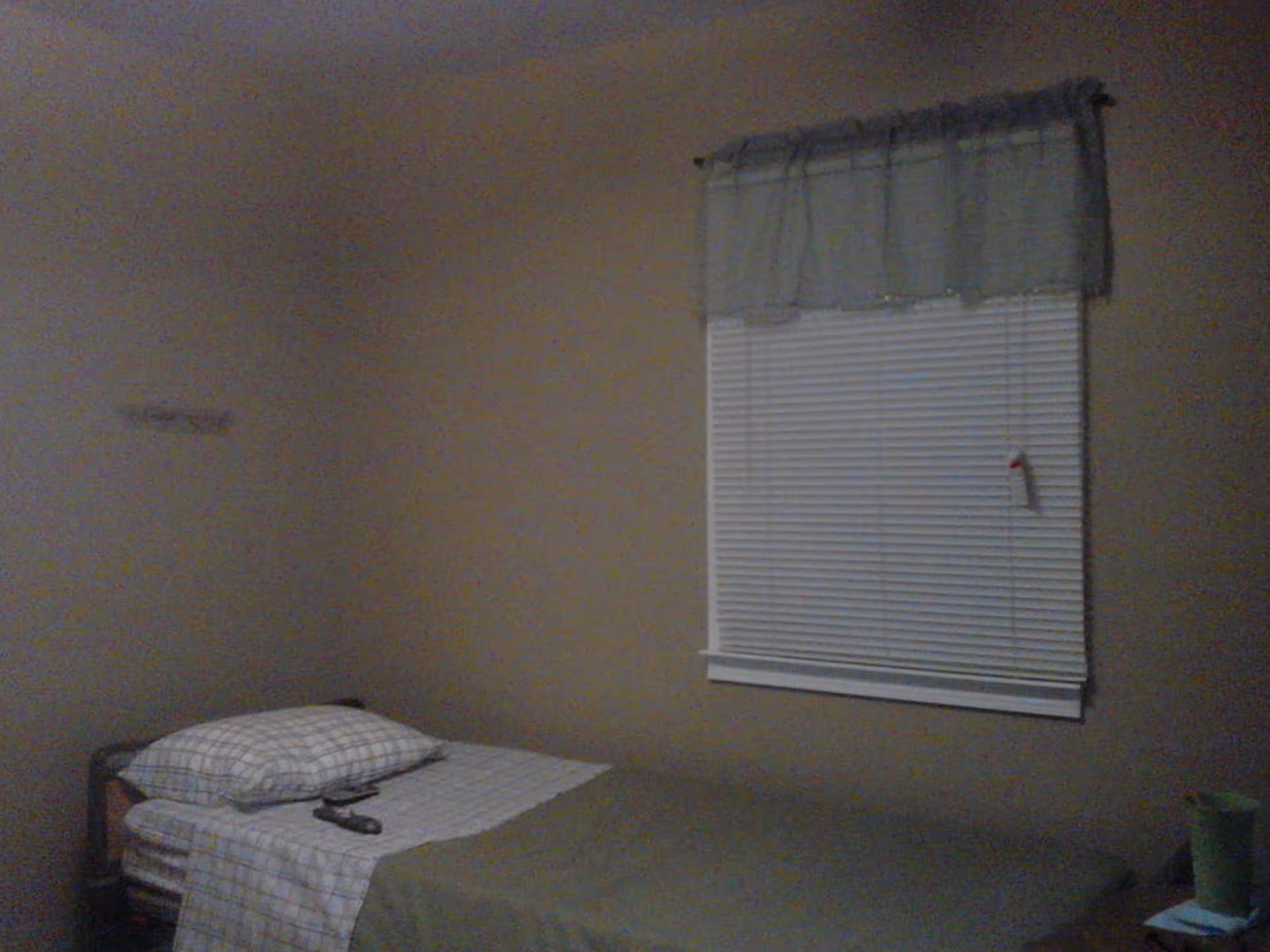 A small bedroom with a single bed against a beige wall. The bed has a checkered pillow and sheet with a green blanket. There is a window with closed blinds and a blue valance above it. A remote control is placed on the bed, and a small green cup is on a nearby surface.