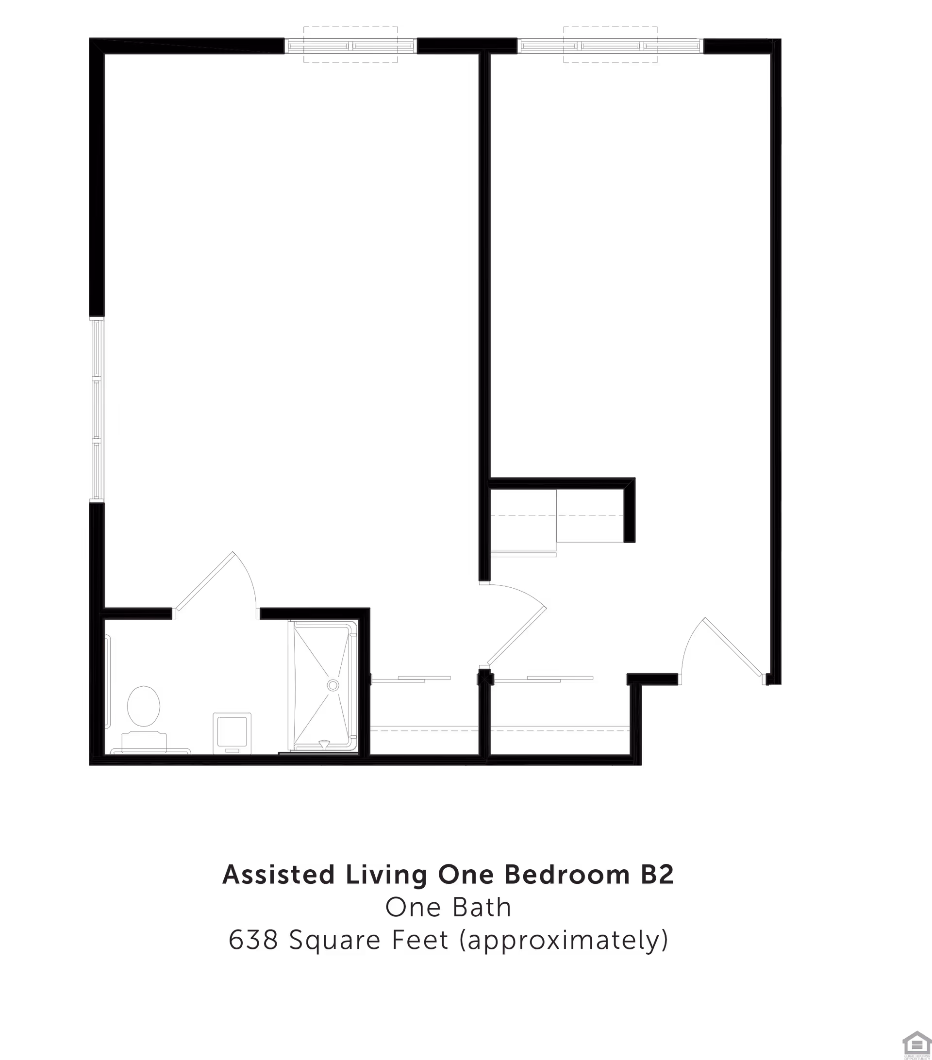 Floor plan of an assisted living one-bedroom apartment labeled B2, featuring one bathroom and approximately 638 square feet of space. The layout includes a bedroom, bathroom with toilet and shower, and additional living areas.