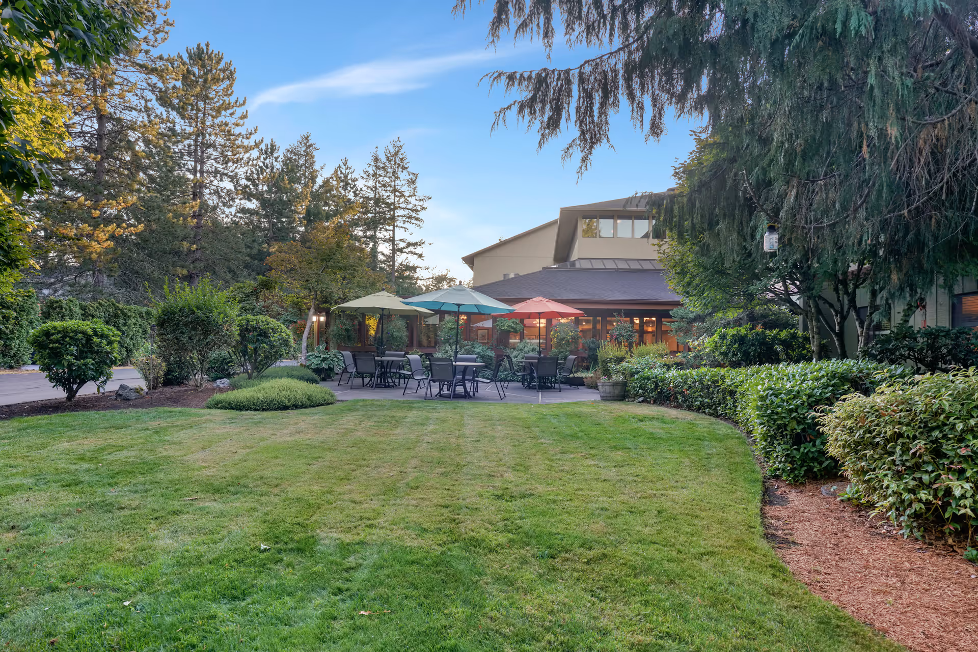 Outdoor patio area at The Firs facility with several tables and chairs under colorful umbrellas surrounded by well-maintained green lawn, bushes, and trees, with the building visible in the background under a clear sky.