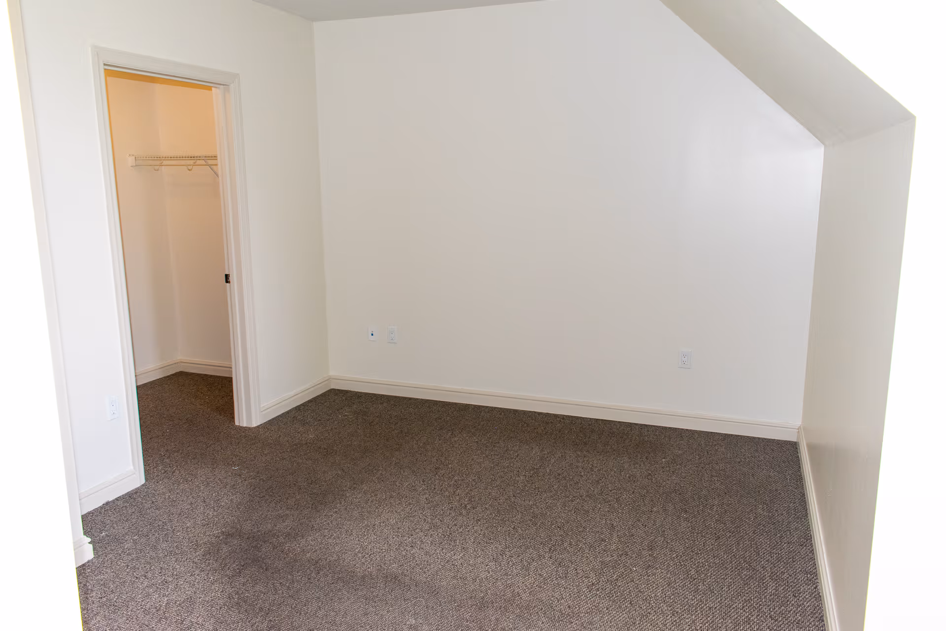 Empty room with beige walls and brown carpet flooring, featuring a small walk-in closet with a wire shelf and hanging rod visible through an open door.