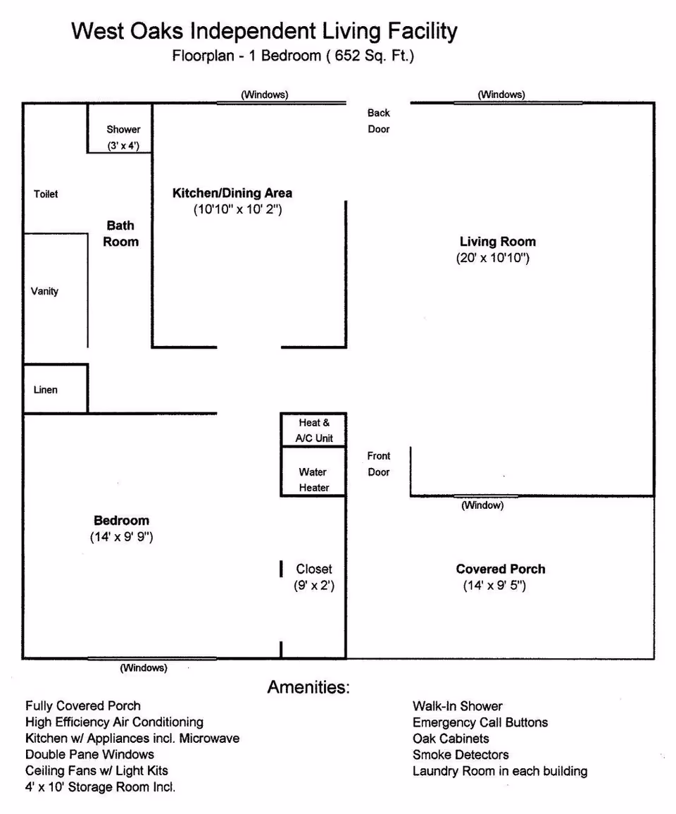 Black-and-white floor plan of a West Oaks Independent Living one-bedroom 652 sq. ft. unit showing labeled rooms and dimensions.