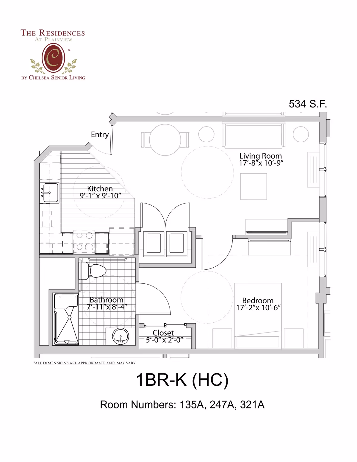 Floor plan of a 1-bedroom apartment at The Residences at Plainview by Chelsea Senior Living, showing an entry, kitchen, bathroom, closet, living room, and bedroom with dimensions and room numbers 135A, 247A, 321A.