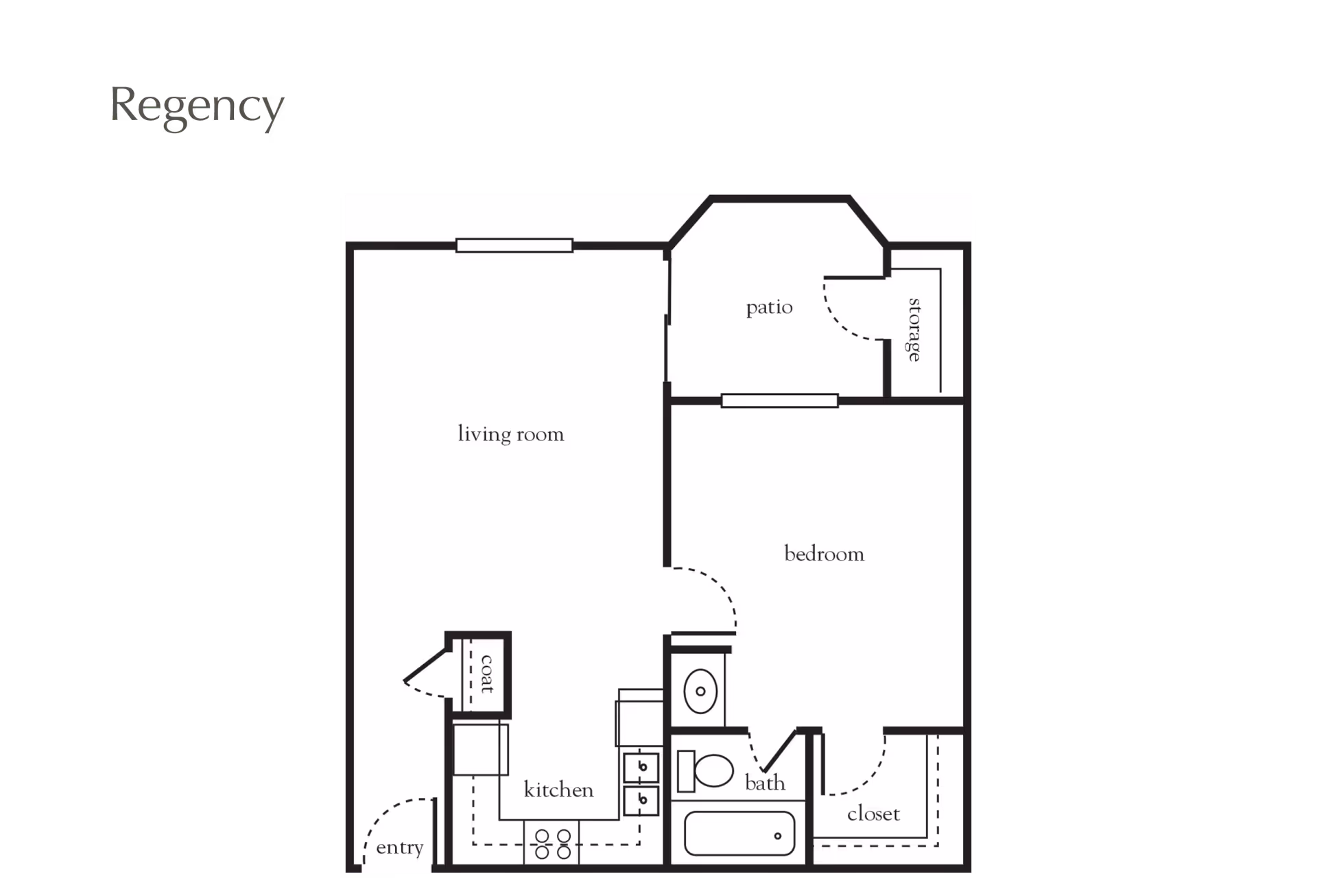 Floor plan labeled Regency showing a layout with a living room, kitchen, bedroom, bathroom, closet, coat closet, patio, and storage area.