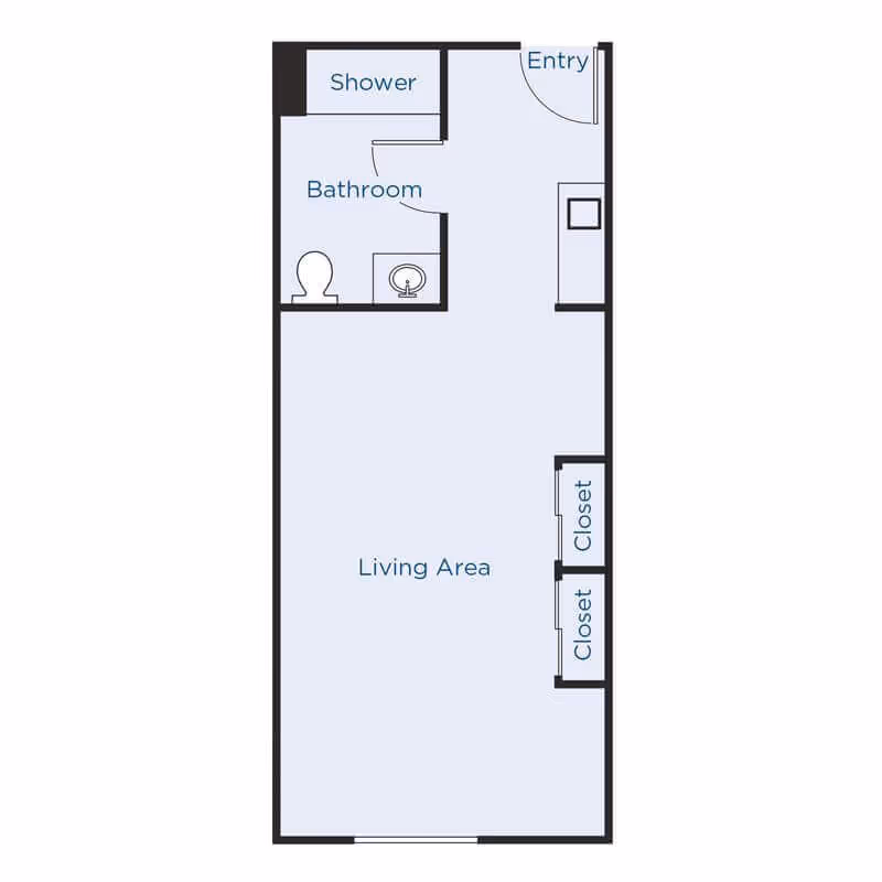 Floor plan of a senior living unit showing an entry, bathroom with shower, toilet and sink, a living area, and two closets.