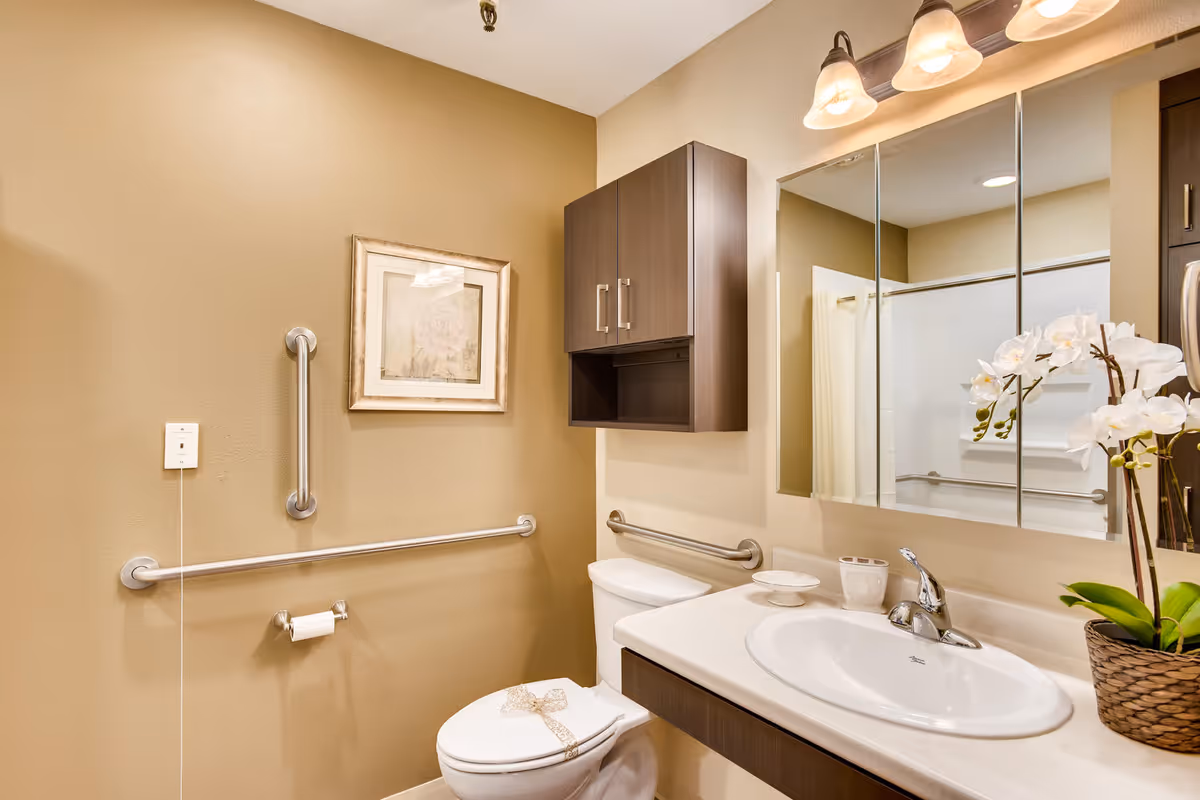 A clean and well-lit bathroom featuring a toilet with a decorative bow on the seat, a white sink with a modern faucet, a large mirror with three lights above it, a dark wood cabinet mounted on the wall, and safety grab bars installed near the toilet and shower area. There is also a framed picture on the wall and a potted orchid plant on the countertop.