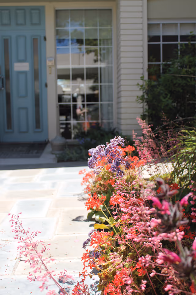 A close-up view of a garden bed with colorful flowers including pink, red, and purple blooms along a stone pathway leading to a building entrance with a blue door and large window.