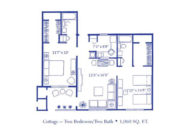 Architectural floor plan of a cottage with two bedrooms and two bathrooms, including dimensions for each room and a total area of 1,060 square feet.