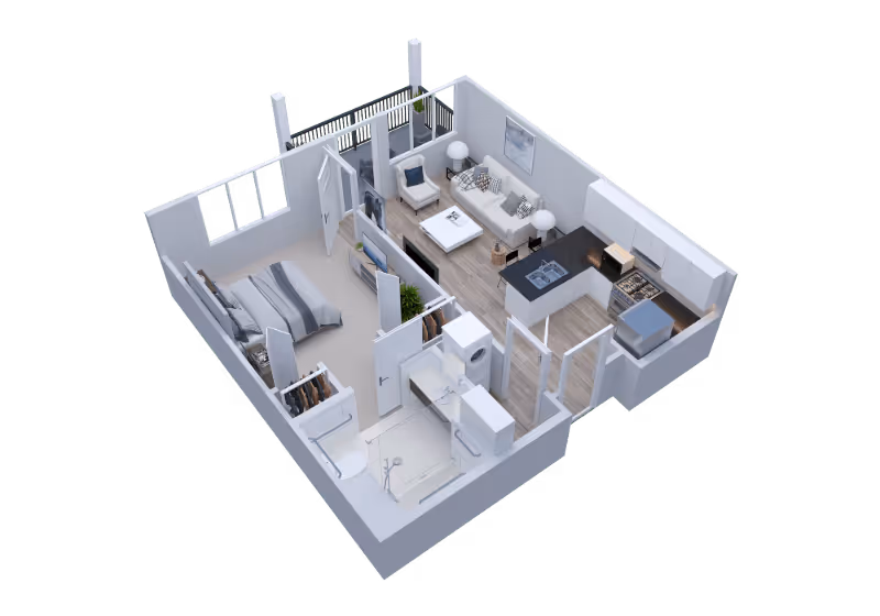 3D floor plan of a one-bedroom apartment featuring a bedroom with a bed and closet, a bathroom with a shower, a living room with a sofa, armchair, coffee table, and TV, and an open kitchen with appliances and a countertop. There is also a small balcony accessible from the living room.